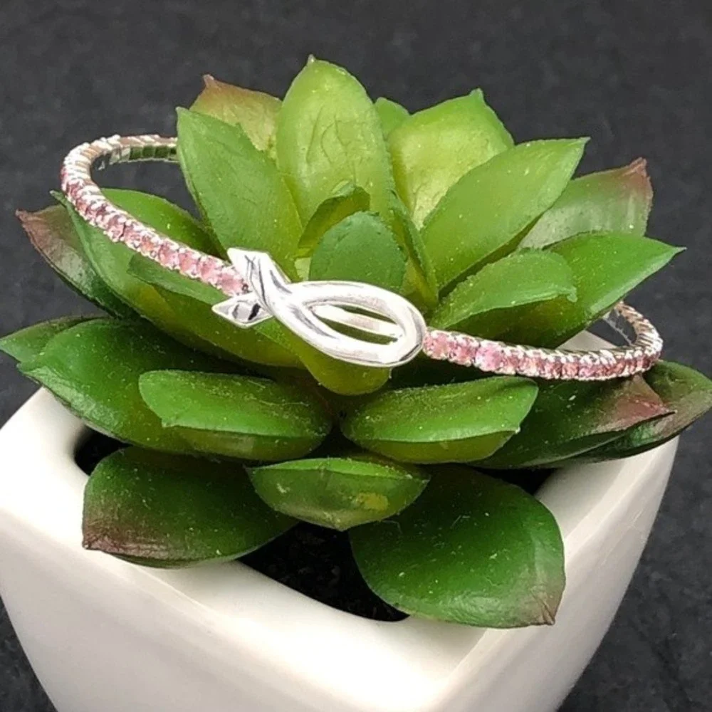 🌼 Pink Ribbon Cancer Rhinestone Bracelet - Picture 1 of 3